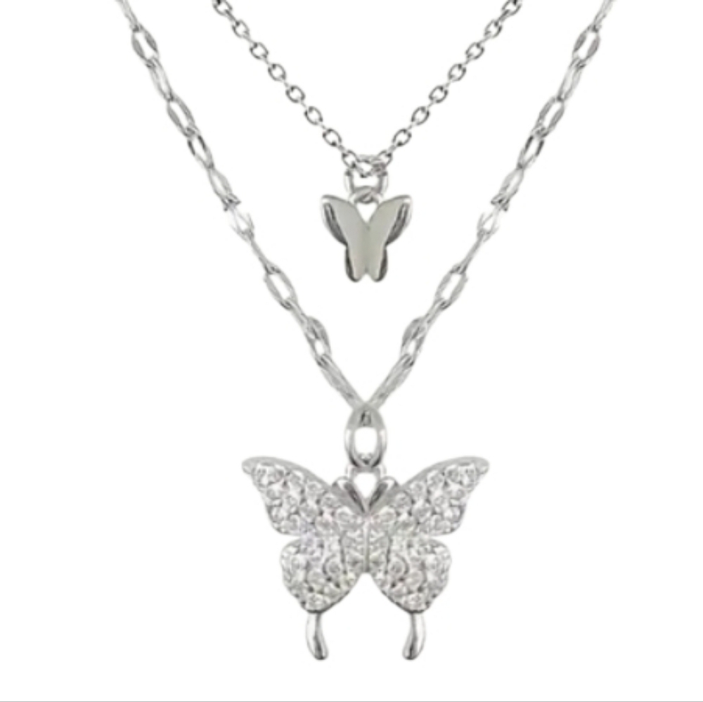 💥4 For $20💥Beautiful Double Layer Rhinestone Butterfly  Silvertone Necklace